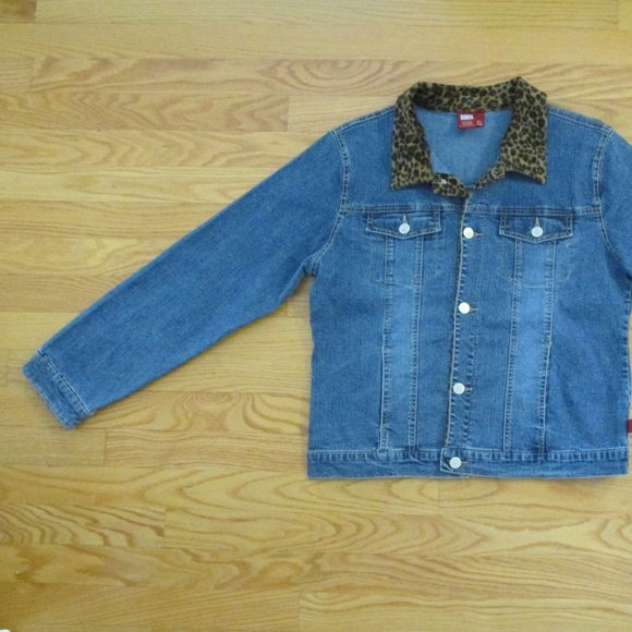 BONGO GIRL'S SIZE 18  1/2 PLUS JEAN JACKET MED BLUE SLUB STRETCH DENIM LEOPARD - Picture 2 of 11
